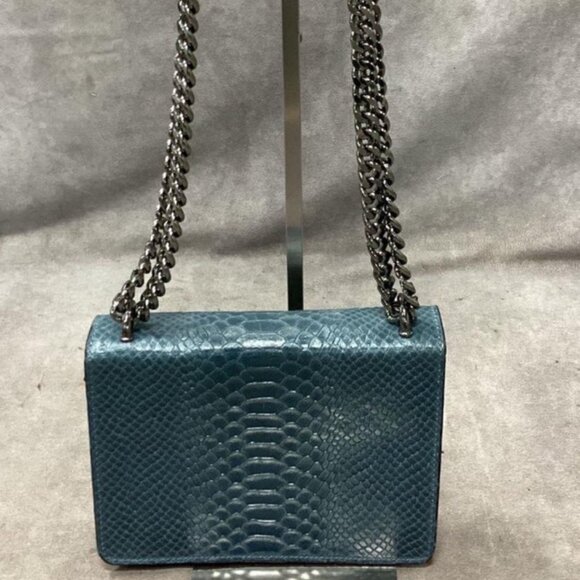 Italian-Made Teal Leather Handbag, Genuine Leather, Horseshoe Clasp, Chain Strap - Picture 3 of 4